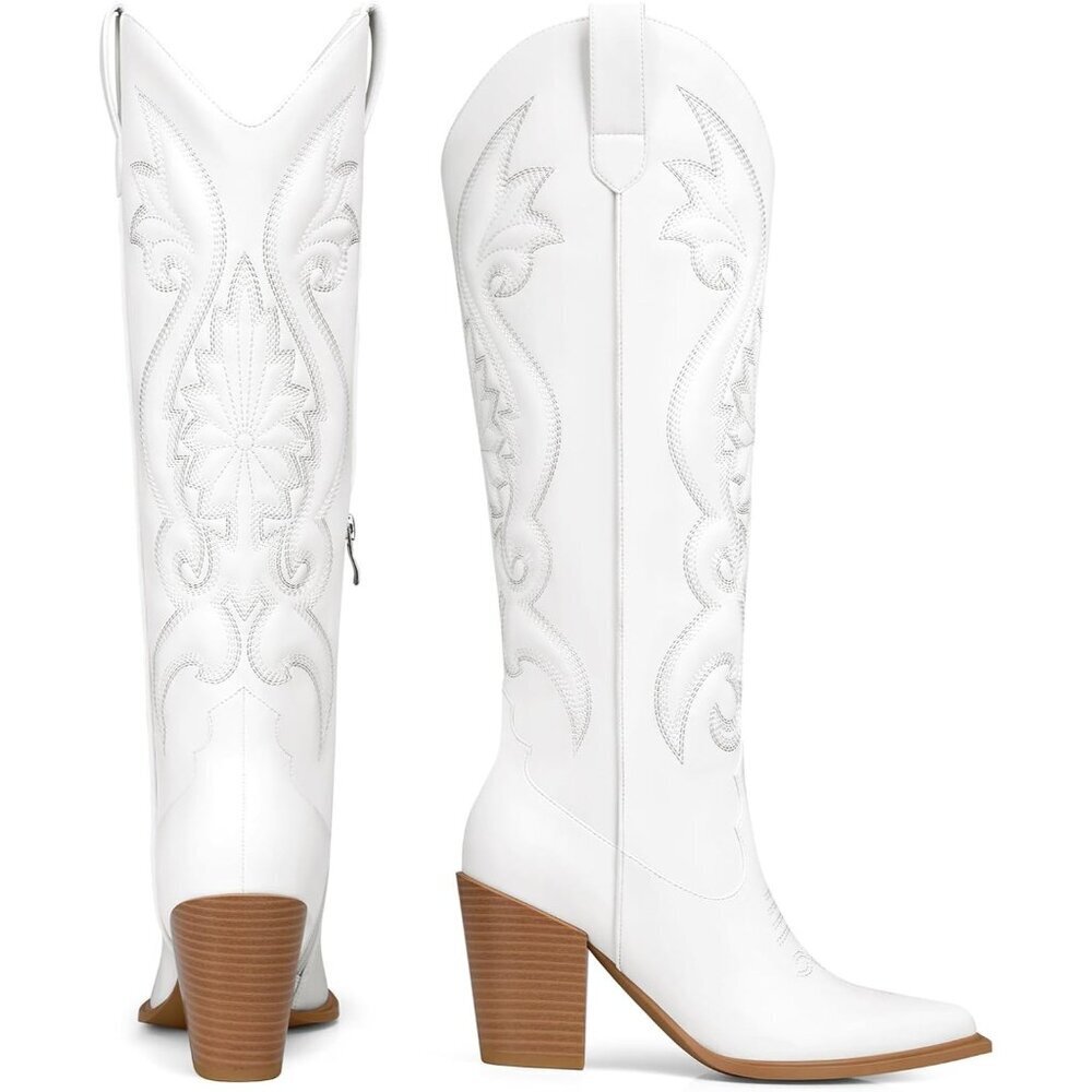 Women's White Pointed Toe Knee High Chunky Heels Embroidered Cowgirl Boot - Picture 4 of 5